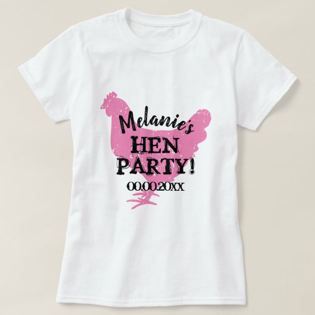 Pink hen party shirts with vintage chicken logo (Design Front)
