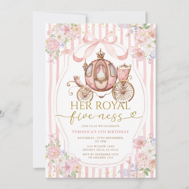 Pink Her Royal five-ness birthday Bow Coquette Invitation (Front)
