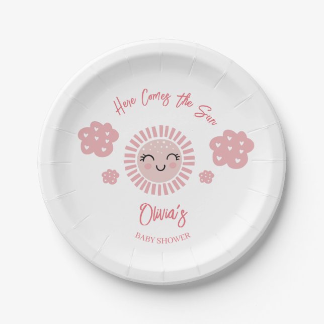 Pink Here Comes The Sun, Sunshine Girl Baby Shower Paper Plate (Front)