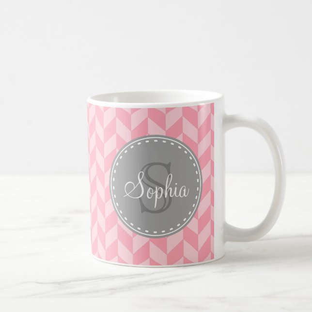 Pink Herringbone Chevron Grey Monogram Coffee Mug (Right)