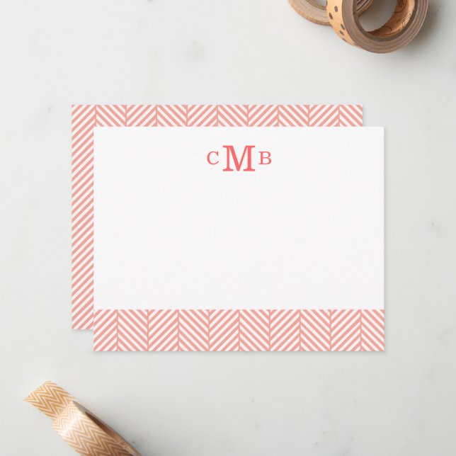 Pink Herringbone Custom Monogram Stationery Note Card (Front/Back In Situ)