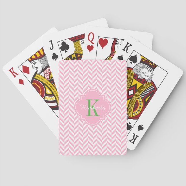 Pink Herringbone Green Monogram Playing Cards (Back)
