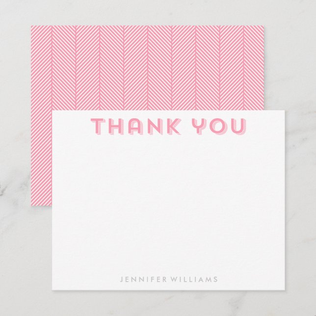 Pink Herringbone Pattern Thank You Note Cards (Front/Back)