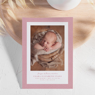 Pink herringbone tweed frame simple photo birth announcement