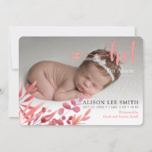 Pink "Hi" with leaves birth Announcement Card