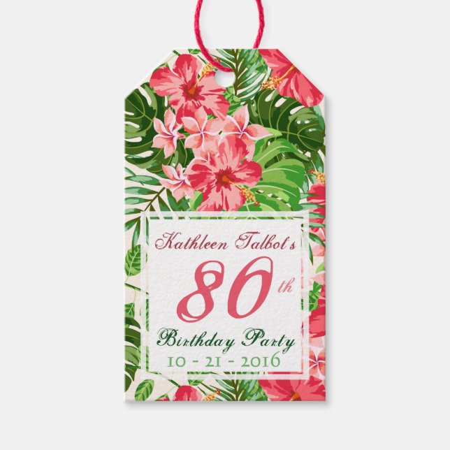 Pink Hibiscus 80th Birthday Party Gift Tag (Front)