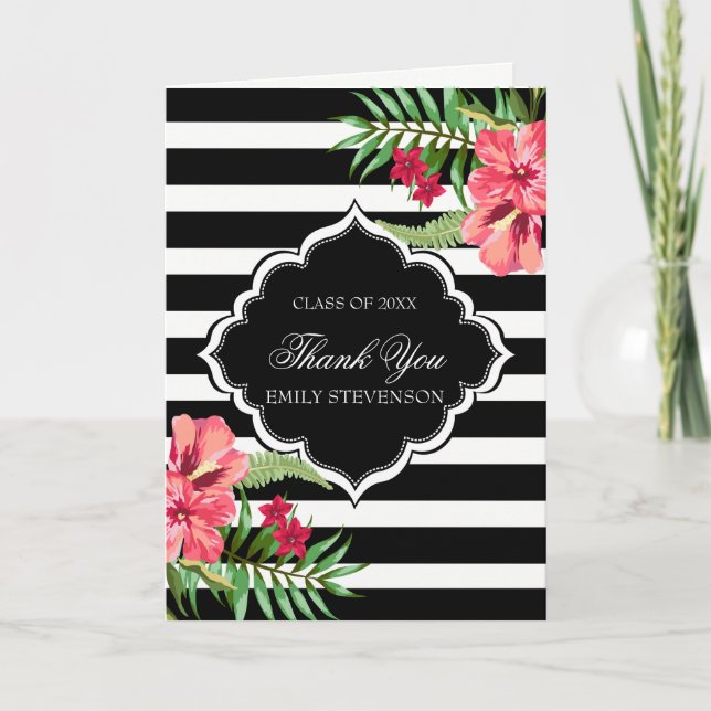 Pink Hibiscus And Black Stripes-Graduations Card (Front)
