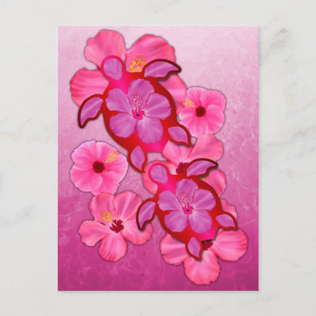 Pink Hibiscus And Honu Turtles Postcard (Front)