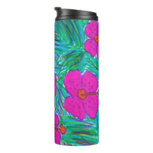 Pink Hibiscus and Palm Leaves Thermal Tumbler
