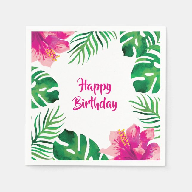 Pink Hibiscus and Tropical Leaves 2 Party Napkin (Front)