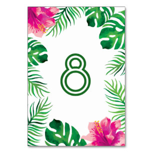 Pink Hibiscus and Tropical Leaves Table Number