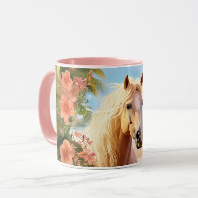 Pink Hibiscus Beach Palomino Horse Coffee Mug (Front Left)