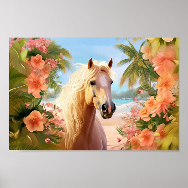 Pink Hibiscus Beach Palomino Horse Poster (Front)