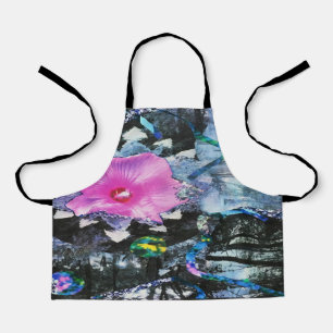 Pink Hibiscus Black and White Landscape Collage Apron