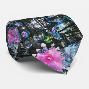Pink Hibiscus Black and White Landscape Collage Tie