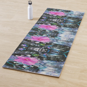 Pink Hibiscus Black and White Landscape Collage Yoga Mat