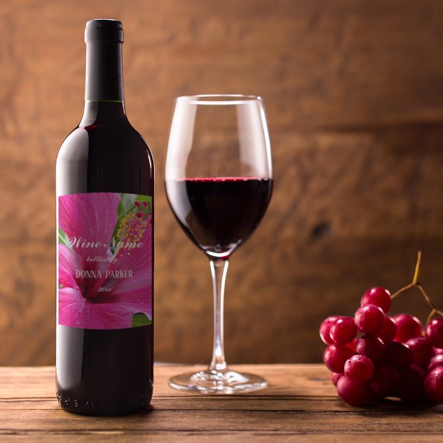 Pink Hibiscus Bloom Personalised Floral Wine Label (In Situ Glass of Wine)