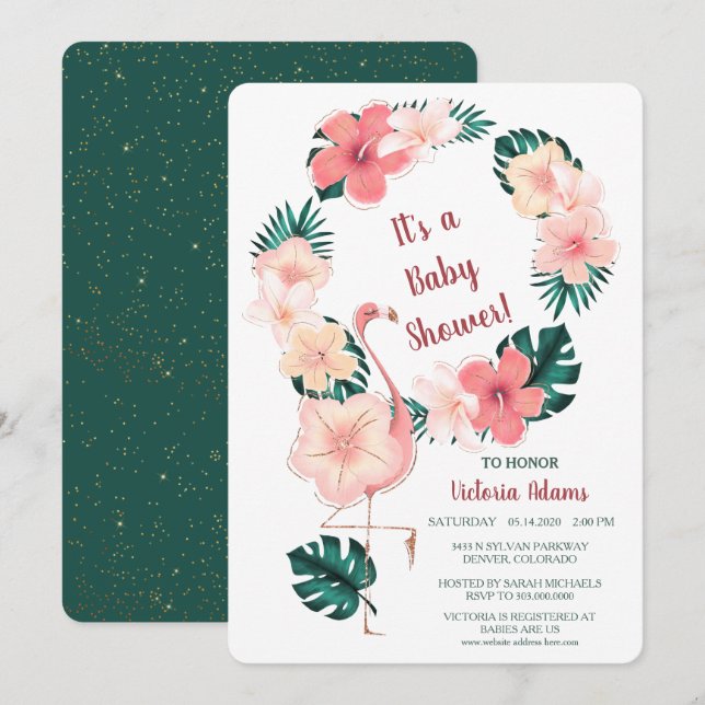 Pink Hibiscus Flamingo Baby Shower Invitation (Front/Back)