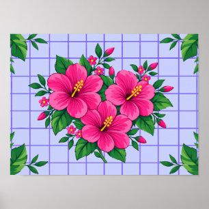 Pink Hibiscus Floral Bouquet With Green Leaves Poster