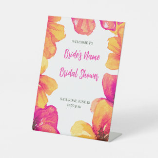 Pink Hibiscus Floral Bridal Shower Invitation Pedestal Sign