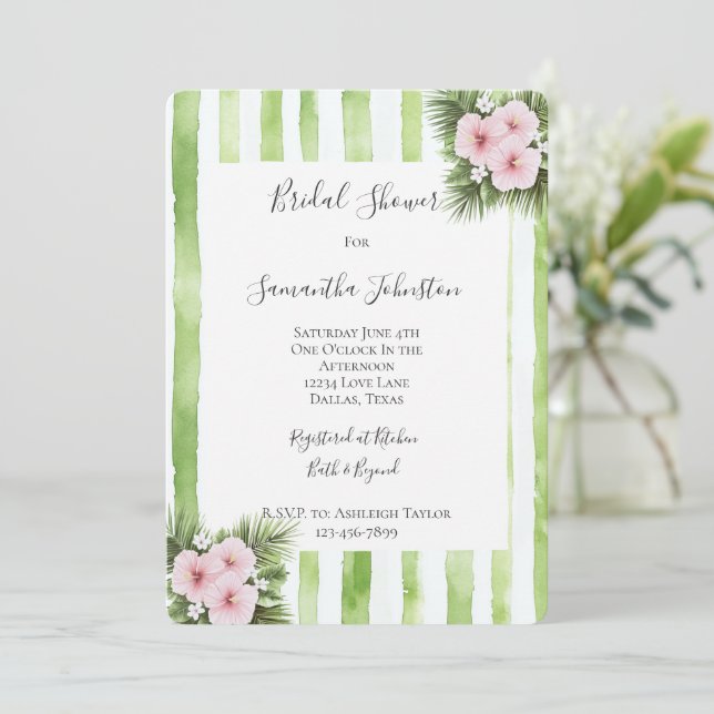 Pink Hibiscus Floral Green Stripes Bridal Shower Invitation (Standing Front)
