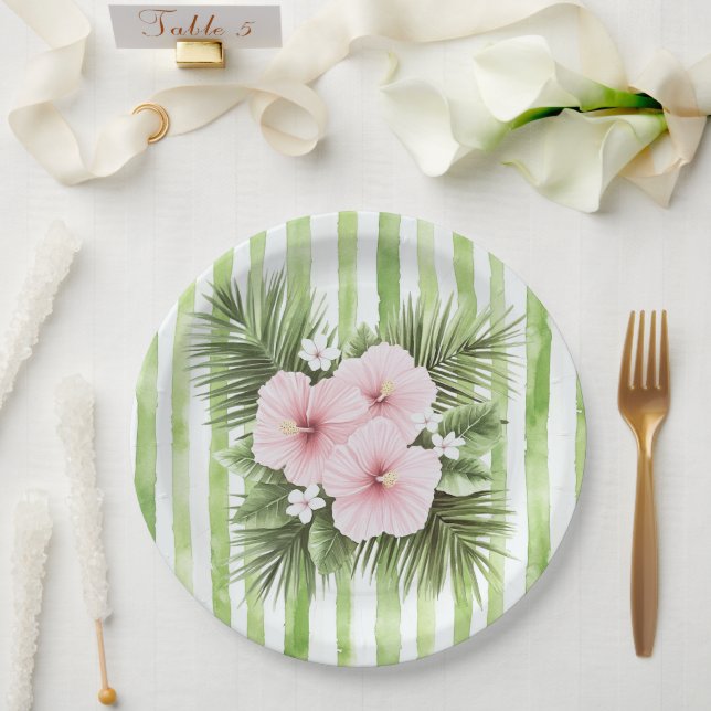 Pink Hibiscus Floral Green Stripes Bridal Shower Paper Plate (Wedding)