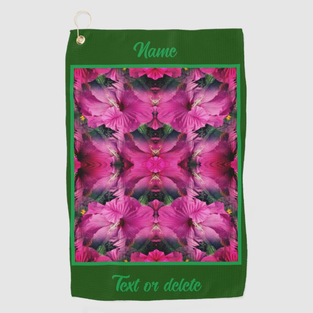 Pink Hibiscus Flower Abstract Personalised Golf Towel (Front)