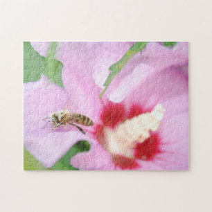 Pink Hibiscus Flower And Honey Bee Beautiful Cute Jigsaw Puzzle