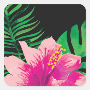 Pink Hibiscus Flower and Tropical Leaves Square Sticker