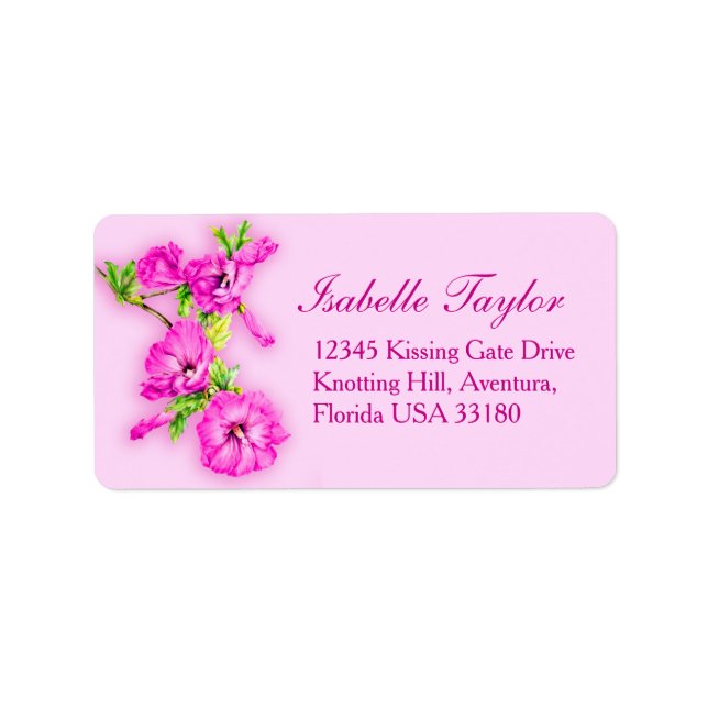 Pink hibiscus flower art wedding reply label (Front)