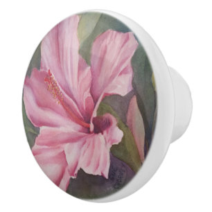 PINK HIBISCUS FLOWER DECORATIVE CERAMIC KNOB