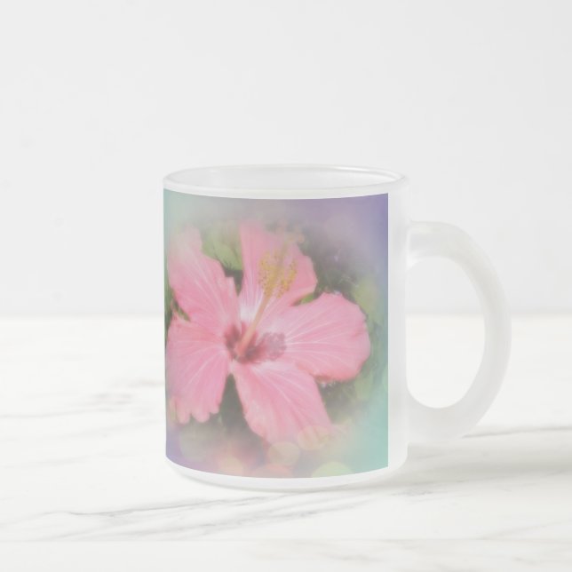 Pink Hibiscus Flower Frosted Glass Coffee Mug (Right)
