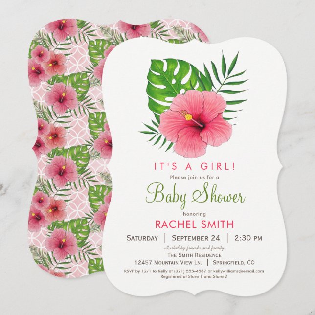 Pink Hibiscus Flower Girl Baby Shower Invitation (Front/Back)