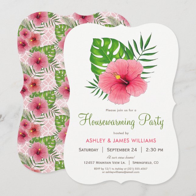 Pink Hibiscus Flower Housewarming Party Invitation (Front/Back)