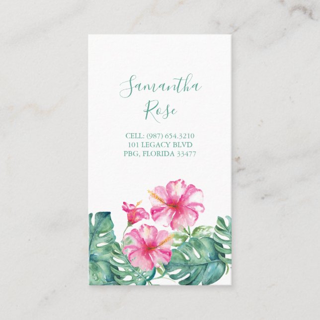 Pink Hibiscus Flower  Monstera Palm Leaves Custom Business Card (Front)