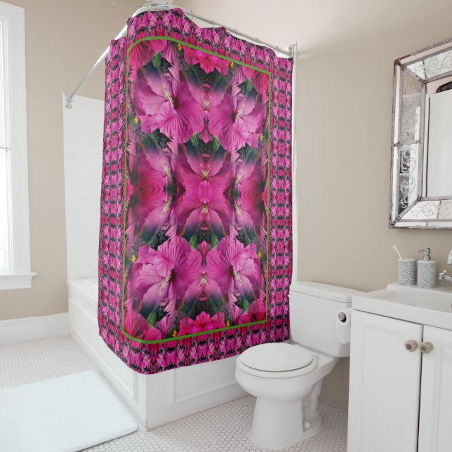 Pink Hibiscus Flower Multiplied Abstract Shower Curtain (In Situ)