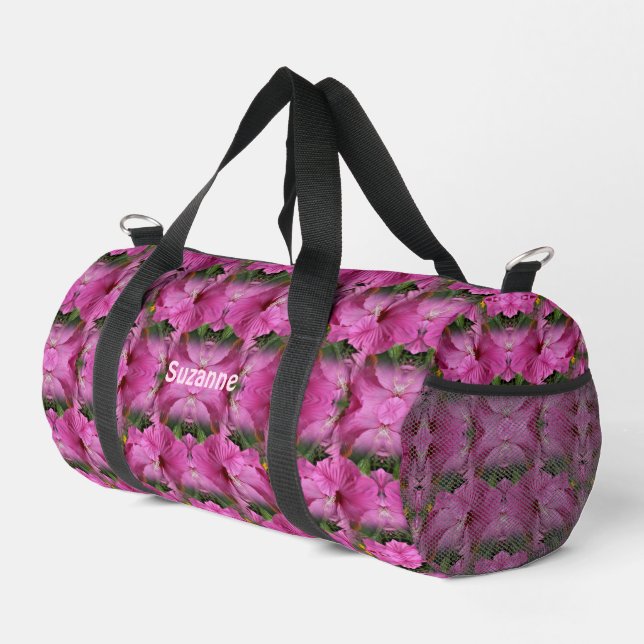 Pink Hibiscus Flower Multiplied Personalised Duffle Bag (Right Corner)