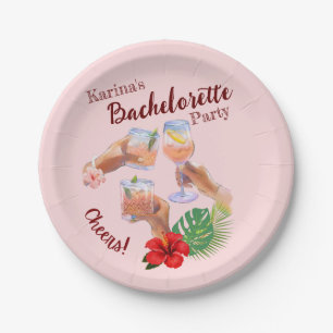 Pink Hibiscus Flower Palm Leaves Beach Party Paper Plate