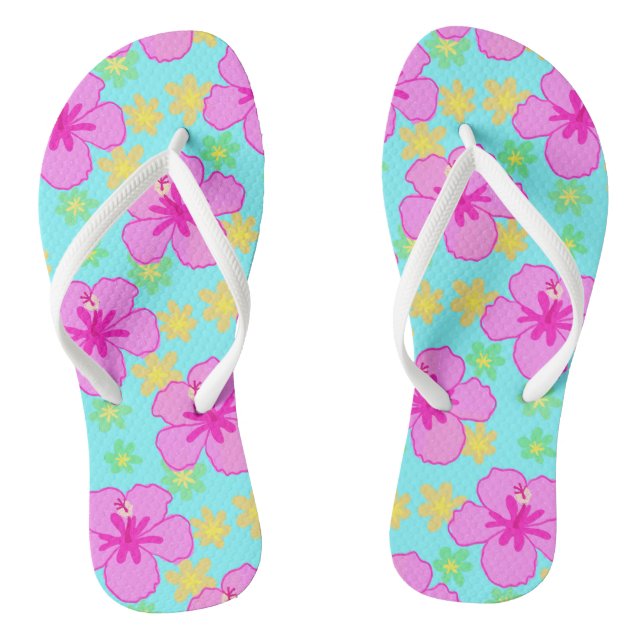 Pink Hibiscus Flower Pattern Flip Flops (Footbed)