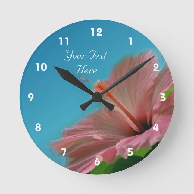 Pink Hibiscus Flower Personalised Round Clock (Front)