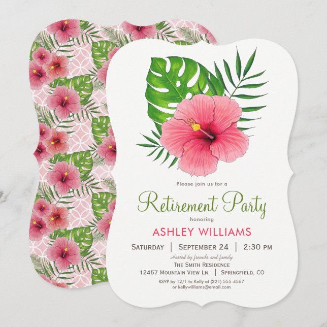 Pink Hibiscus Flower Retirement Party Invitation (Front/Back)