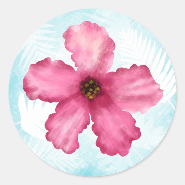 Pink Hibiscus Flower Round Wedding Sticker (Front)