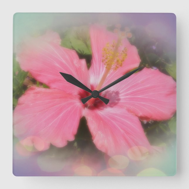 Pink Hibiscus Flower Square Wall Clock (Front)