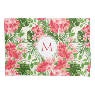 Pink Hibiscus Flower Tropical Palm Monogram PCase Pillowcase