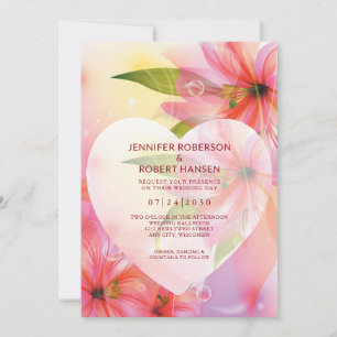 Pink Hibiscus Flower Wedding Floral Heart Dewdrop Announcement