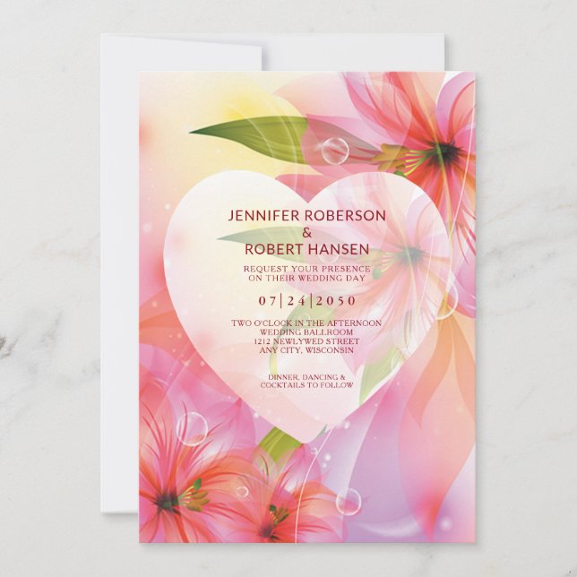 Pink Hibiscus Flower Wedding Floral Heart Dewdrop  Announcement (Front)