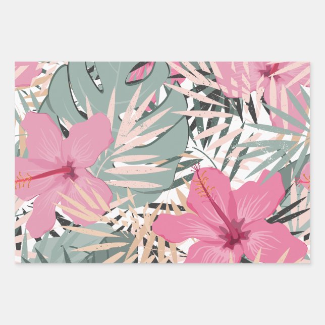 Pink Hibiscus Flowers and Large Tropical Leaves  Wrapping Paper Sheet (Front)