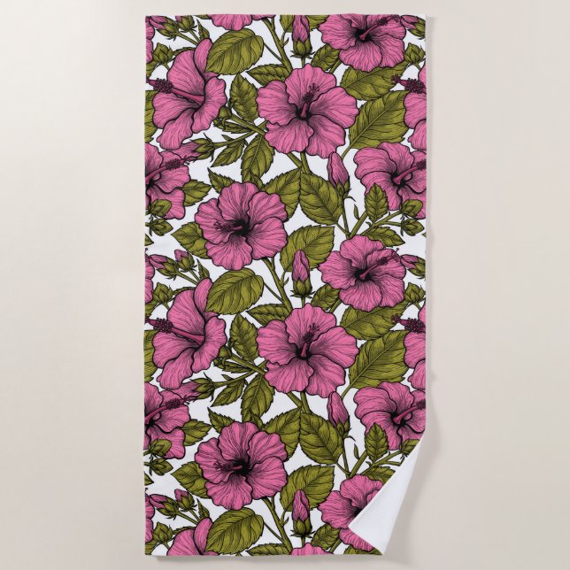Pink hibiscus flowers beach towel (Front)