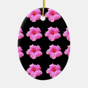 Pink Hibiscus Flowers On Black,_ Ceramic Tree Decoration