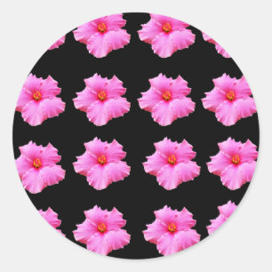 Pink Hibiscus Flowers On Black,_ Classic Round Sticker